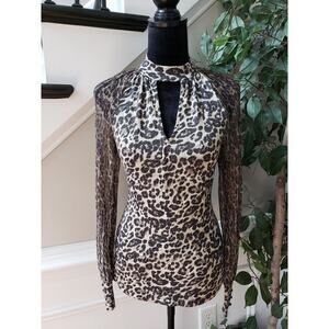 Fever Top Blouse XS Leopard Print Black & Beige Casual Mesh Sleeve Halter Neck
